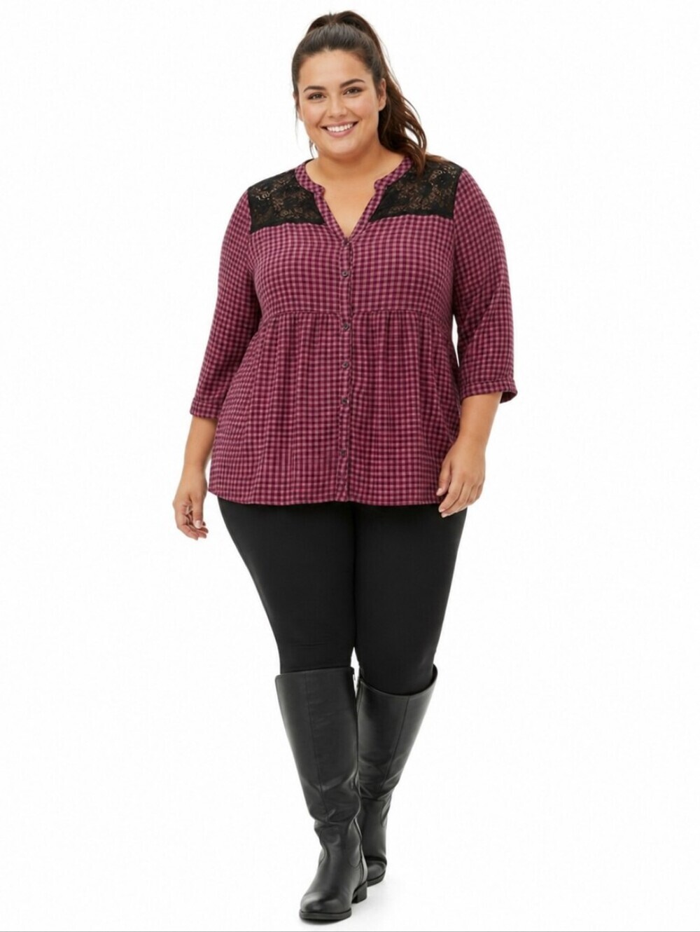 TORRID 2X Burgundy Plaid Black Lace Yoke Button Front Babydoll Blouse